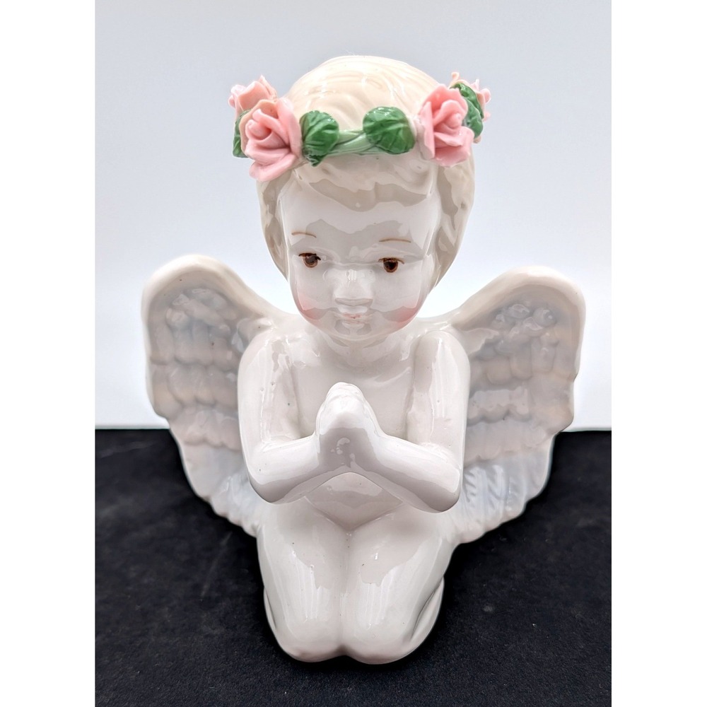 Vintage Porcelain Praying Angel Cherub Figurine Pink Rose Crown Iridescent Wings